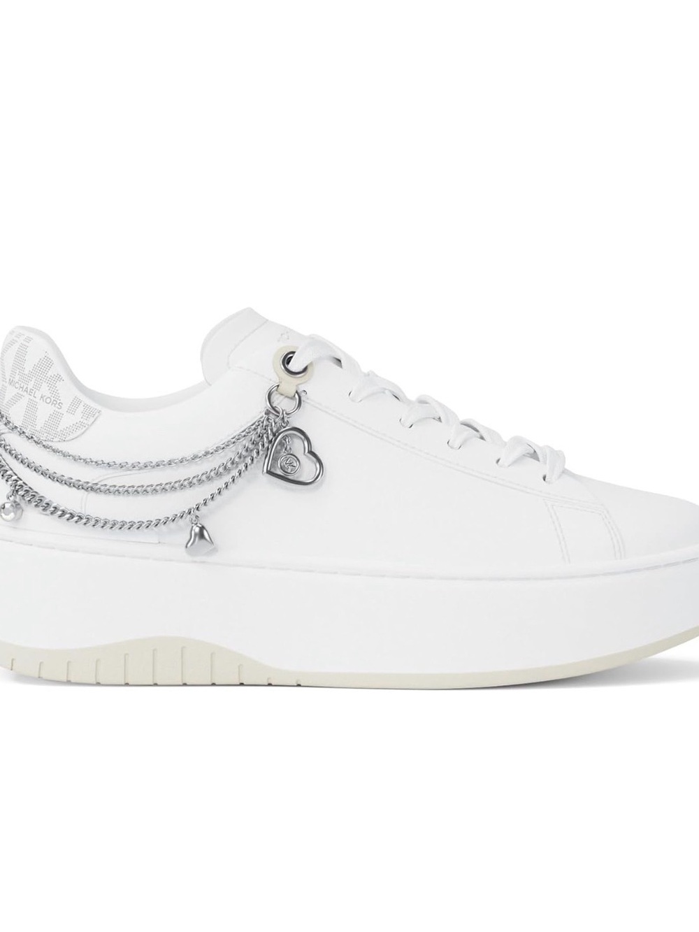 Michael Kors White Leather Platform Sneaker with Silver Chain Charms New Size 8